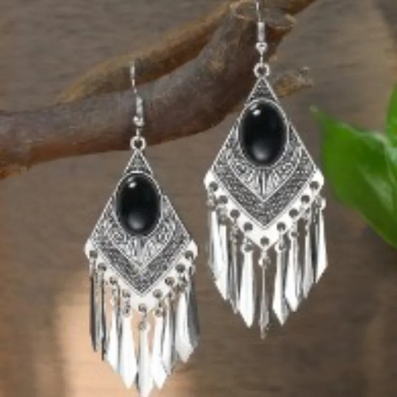 Antique Silver Rhinestone Inlaid Black Turquoise Tassel Earrings, Double-layer P - Picture 10 of 10